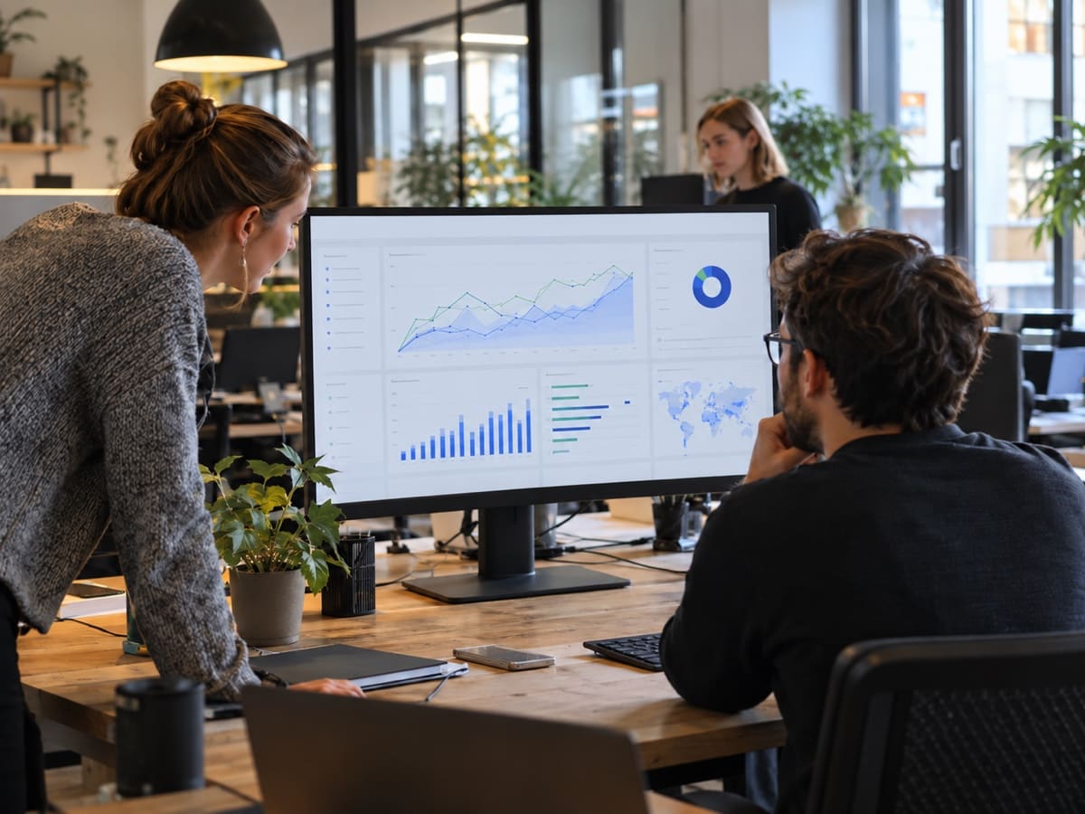 Zwei Mitarbeiter im Büro vor einem Bildschirm mit Auswertungen